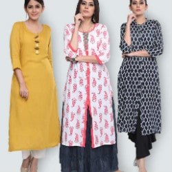 Flat 73% OFF on Pack of 3 Stylish Cotton Kurtas by Aadiya